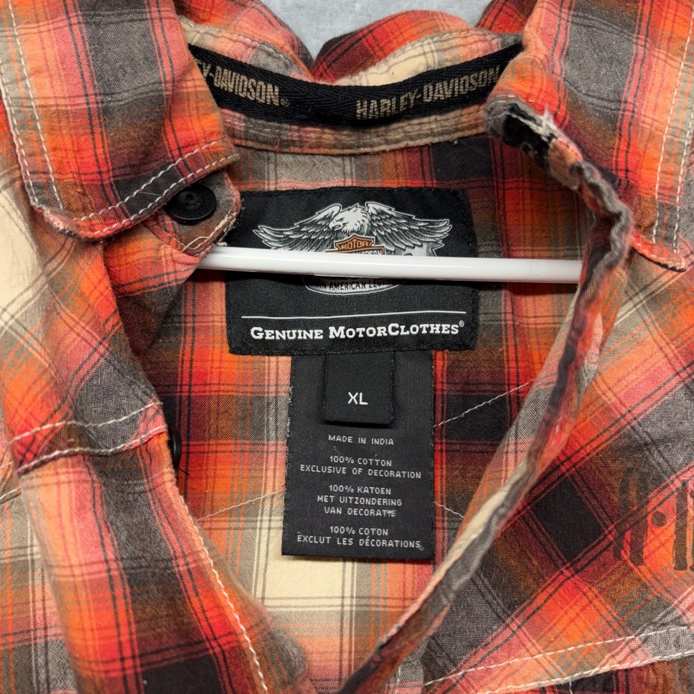 Harley-Davidson Cancun Mexico Plaid Button Up Shirt Mens XL Orange Distressed - Picture 3 of 8